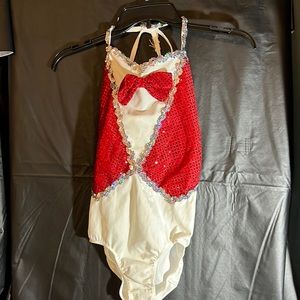 Red snd white leotard with silver sequins accents